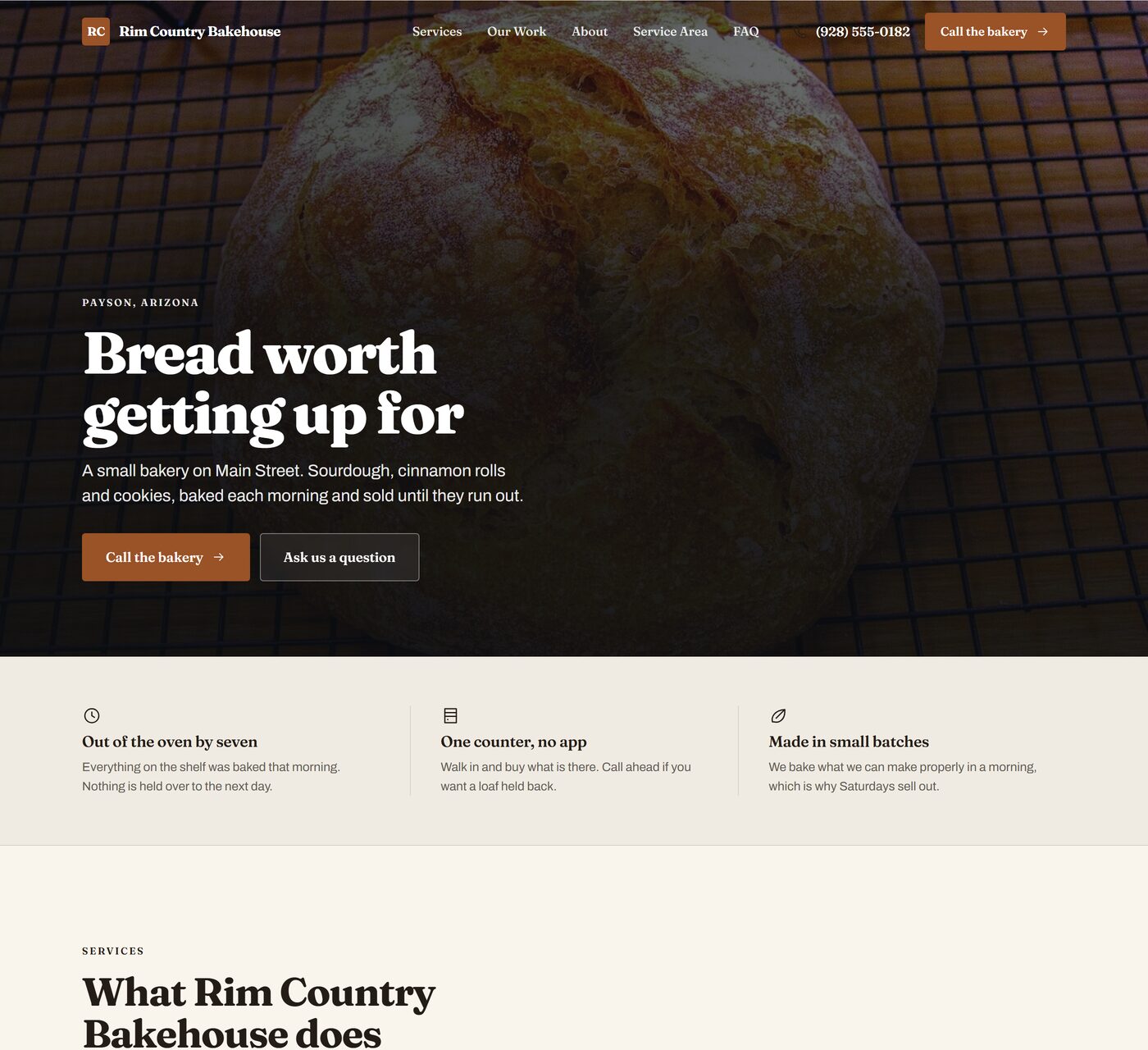 The Rim Country Bakehouse sample site shown on a desktop screen